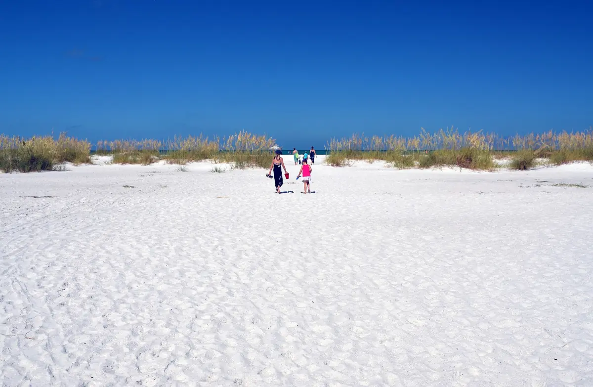 Heller weißer Sand am Bean Point auf Anna Maria Island mit Dünengras