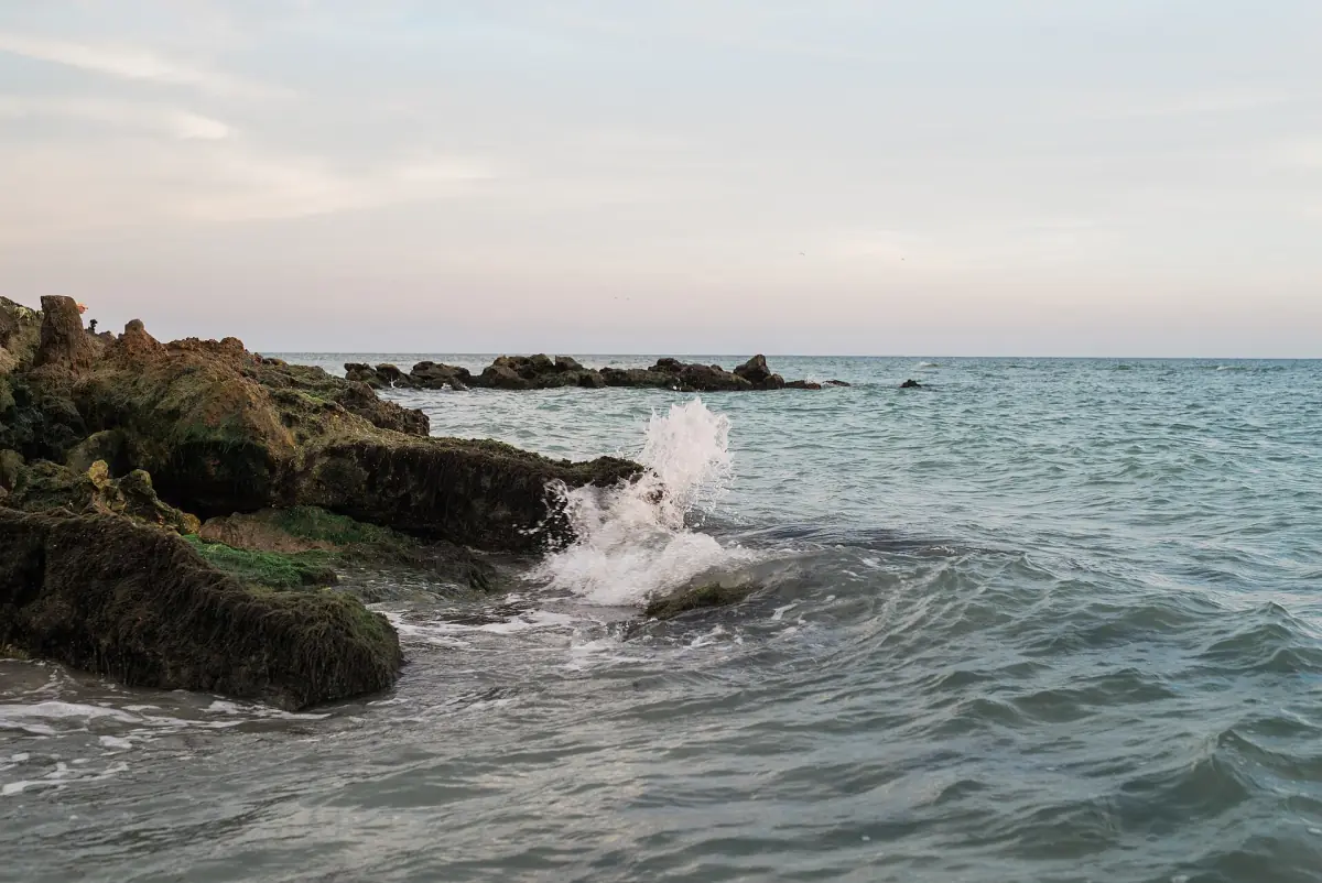 Waves breaking over a rocky limestone shoreline on Florida's Gulf Coast