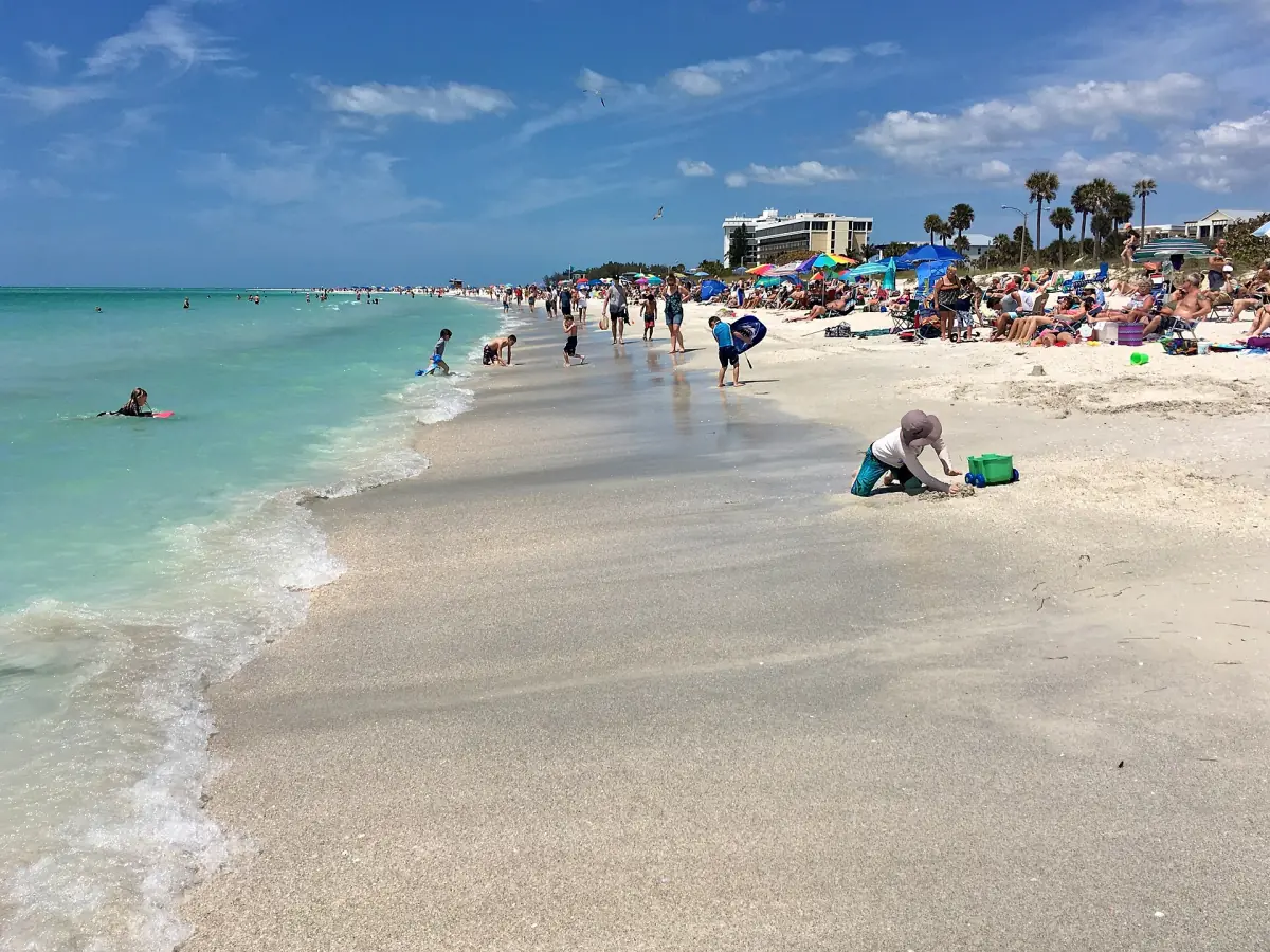 Swimmers and sunbathers along the shallow turquoise shoreline of Lido Key