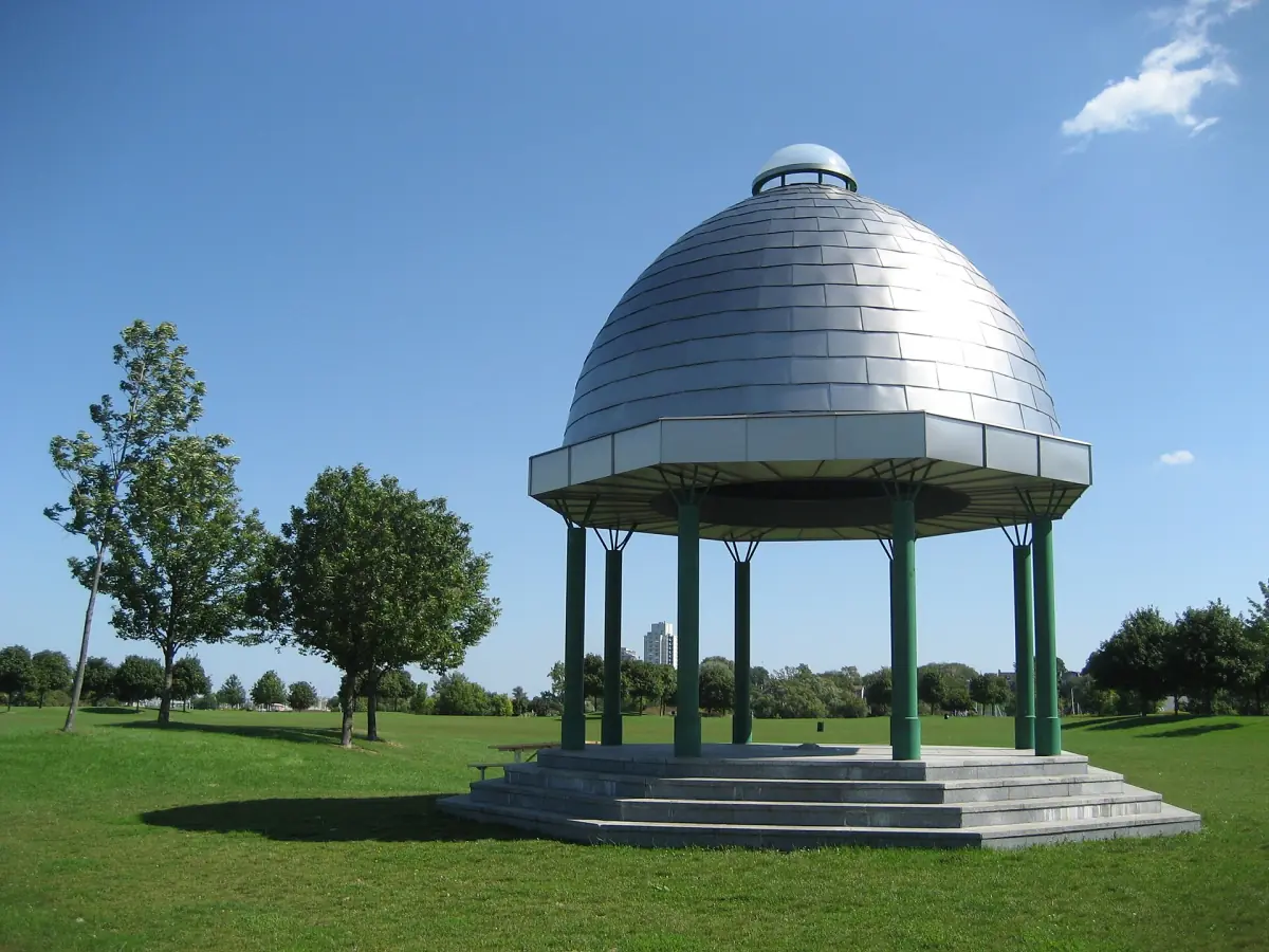 Domed gazebo on a green lawn in Sarasota's bayfront park