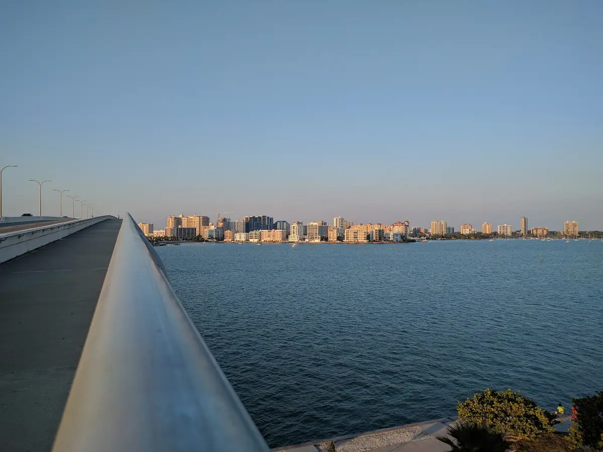 View of the Sarasota skyline from the Ringling Causeway at dusk