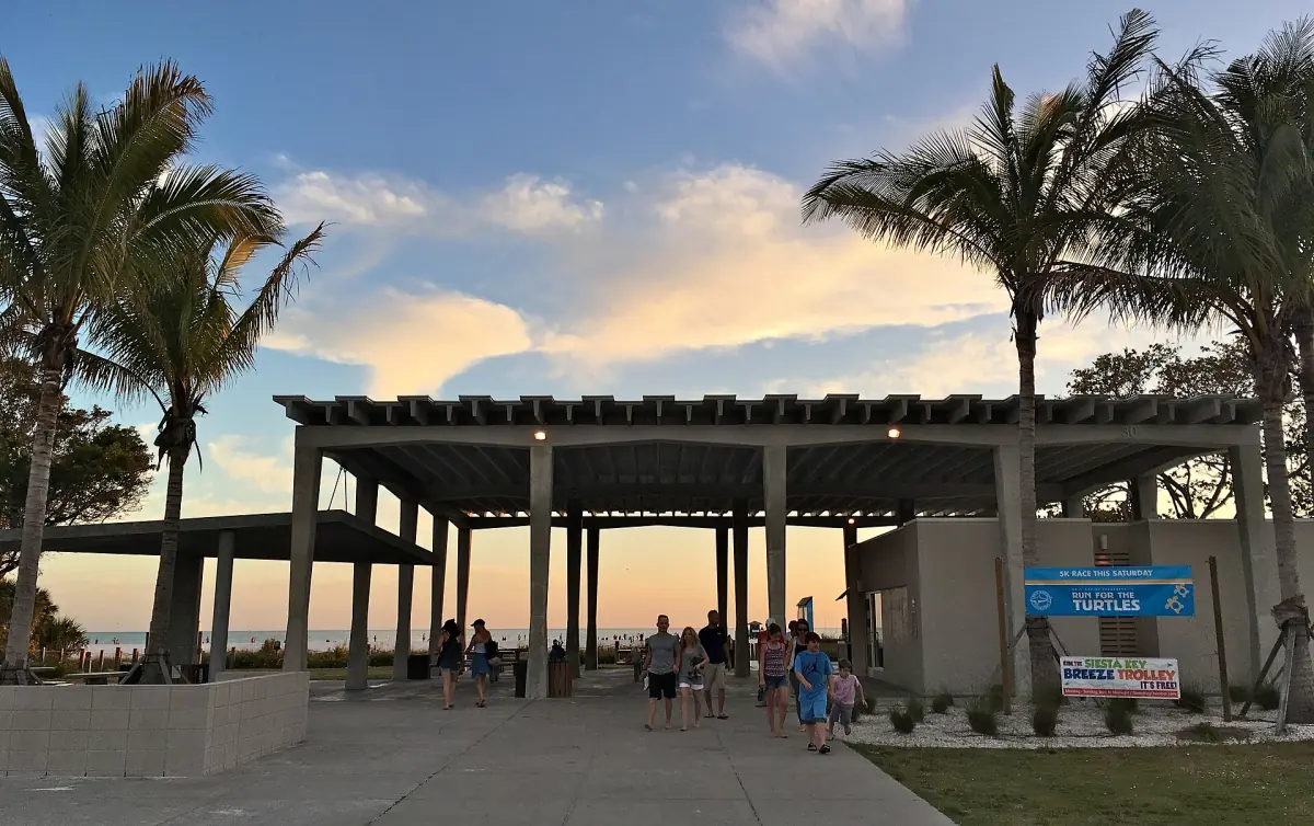 Beach pavilion with a shaded pergola framed by tall palm trees at dusk
