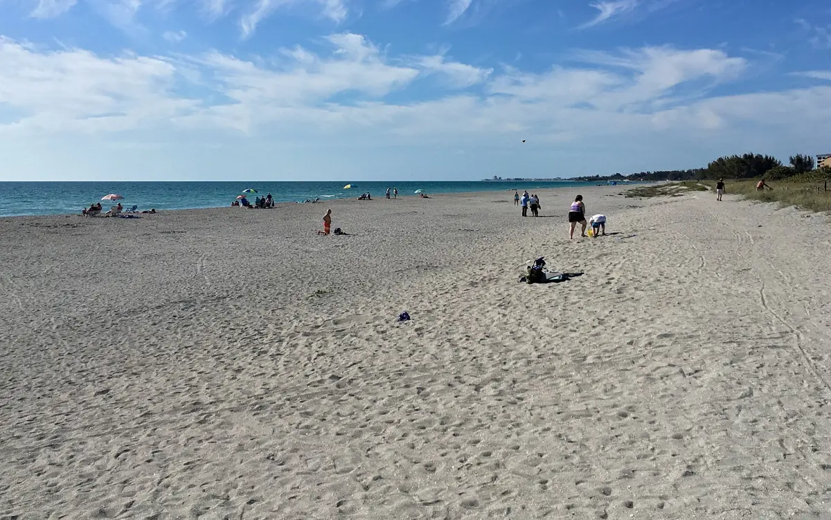 Wide view along Turtle Beach with sunbathers and a blue sky
